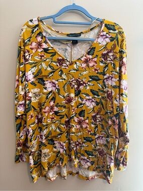 Joan Vass Mustard Floral Long-Sleeve V-Neck Top